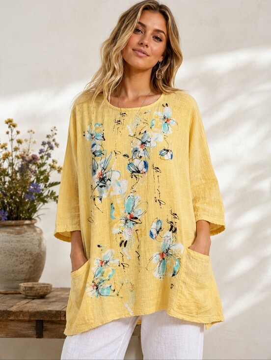 Jess & Jane Tops - JESS & JANE Tunic Womens Size Large Yellow Floral Cotton Pocket Art Top Boho USA